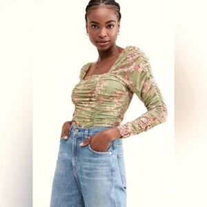 Anthropologie Green Floral Long Sleeve Blouse